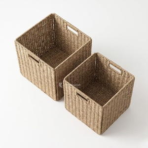 Set of 2 Modern Hand-Woven Seagrass <b>Wicker</b> Square <b>Storage</b> Baskets Foldable <b>Cube</b> Organizer for Shelves Toilet Paper & Home Decor - Product Image 1