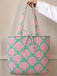 High End Handmade Quilted Cotton Tote <b>Bag</b> Pink Coastal Seashell Print <b>Large</b> Shopping <b>Beach</b> Travel Shoulder Carryall Gift - Product Image 2