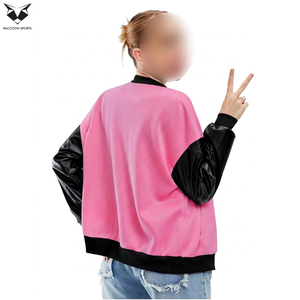 Blouson universitaire rose et noir pour femme 2026, manches contrastantes en cuir PU, fermeture boutonnée, coupe décontractée, idéal pour l'automne - Product Image 2