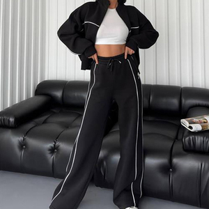 Winter <b>Zip</b> <b>up</b> Tracksuit Contrast Piping Front Logo Two Piece Athletic Set High Waist Flare Leg Joggers Stylish Women Sportswear - Product Image 3