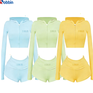 Ensemble de survêtements courts à capuche hip-hop d'été pour femmes, 2 pièces, veste à fermeture éclair et shorts, 100% coton respirant, respectueux de l'environnement, manches longues - Product Image 3