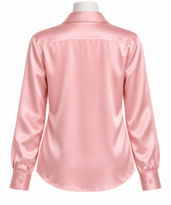 Chemise élégante à manches longues en satin lavable pour femme, style vintage, boutonnée, col rose, pour le bureau ou les occasions décontractées - Product Image 2