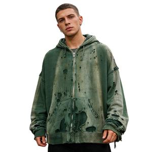 Sudadera con capucha unisex de invierno, personalizada, verde, extragrande, de algodón 100% de alto gramaje, con lavado ácido, efecto desgastado por el sol, rotos y desgastados, con cremallera - Product Image 2