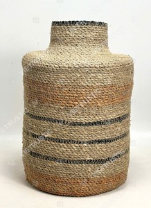 SPICE ROUTE Eco-Friendly Multi-Tone Striped <b>Seagrass</b> <b>Storage</b> <b>Basket</b> & Vase Collection with Handle Multifunction Geometric Design - Product Image 5