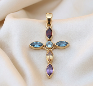 Colgante de Cruz de Plata de Ley 925 con Topacio Azul, Granate, Amatista y Citrino, Joyería Religiosa Hecha a Mano, Regalo para Mujeres y Hombres - Product Image 3