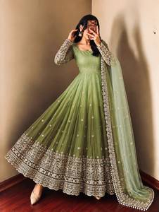 Robe Anarkali en Georgette brodée vert sauge pour femme, longueur normale, robe de mariage traditionnelle avec dupatta, séchage rapide - Product Image 1