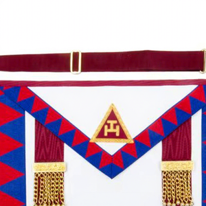 Embroidered Luxury Masonic Apron with Red Blue Geometric Pattern <b>Gold</b> Trim Customized Printing Safety Pin for Men - Product Image 3