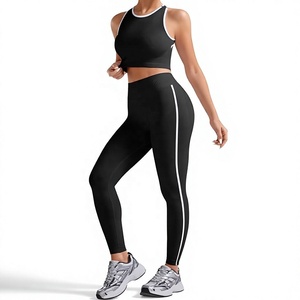 Women's 2 Piece Sporty Set Black Knitted Yoga Leggings Sports <b>Bra</b> With Side Stripe Breathable Full Length Skinny Fit - Product Image 1