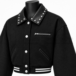 Veste bomber courte noire surdimensionnée pour femme, style universitaire, col clouté, streetwear, veste tendance - Product Image 6