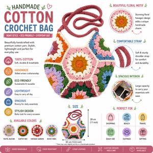 Handmade 100% Cotton Crochet Boho Tote Bags Reusable Eco-Friendly Fashion <b>Handbags</b> Custom Designs Wholesale Supply for - Product Image 6