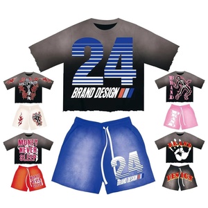 Ensemble T-shirt et Short Décontracté d'Été Personnalisé en Coton 100% de Haute Qualité, Style Vintage Délavé à l'Acide, Coupe Courte - Product Image 2