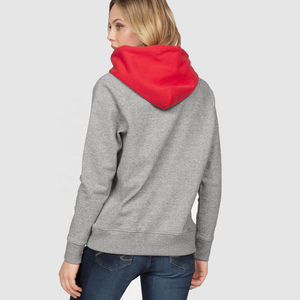 Sweat-shirt à capuche en polaire gris et rouge contrastant pour femme, à manches longues, avec poche kangourou, vêtements en gros OEM ODM - Product Image 2