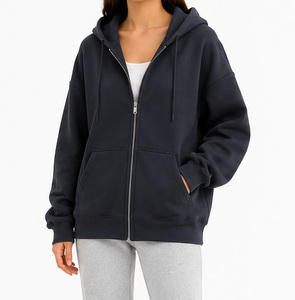 Sweat-shirt en molleton à capuche surdimensionné pour femme, fermeture éclair, marron uni, manches longues, longueur normale, coton respirant, vêtements d'automne - Product Image 3