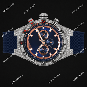 Reloj cronógrafo de lujo para hombre con diamantes en oro rosa y azul, bisel plateado, correa de caucho, reloj de moda, regalo - Product Image 2
