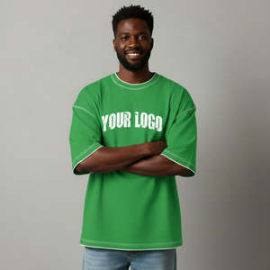 Camisetas de algodón jersey OEM de color verde sólido con cuello redondo para hombre, camisetas con logo personalizado, manga corta, estilo casual, corte holgado para hombre - Product Image 4