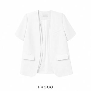 Blazer ample en mélange de laine brodé pour femme HAGOO, col en V, poches, manches courtes, vêtement d'extérieur B8137 - Product Image 4