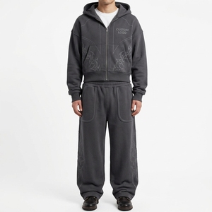 Vintage Washed Charcoal <b>Cropped</b> <b>Zip</b> <b>Up</b> Hoodie And Wide Leg Sweatpants Set Embroidered Y2K Streetwear Tracksuit - Product Image 1