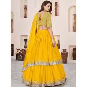 Yellow <b>Sequins</b> Georgette Haldi Wear Lehenga Choli for Women - Product Image 4