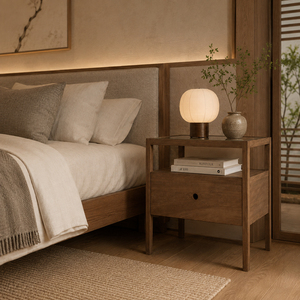 Elegant Solid Teak Wood Contemporary Aura Glass-Top Nightstand <b>Bedside</b> Table Drawer <b>Shelf</b> Bedroom Furniture for Hotel Resort - Product Image 6