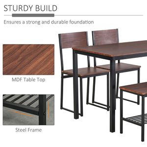 Set da Pranzo Industriale in Legno a 4 Pezzi, Tavolo e Sedie Marrone Rustico con Panca e Scaffale Portaoggetti per Sala da Pranzo - Product Image 5