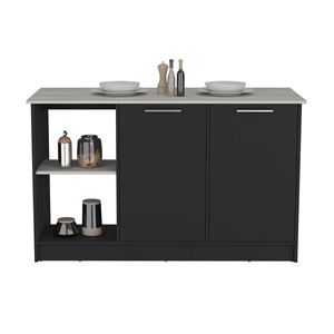 Black/Onyx Kitchen Island with Large Countertop Double Door Cabinet <b>Open</b> <b>Storage</b> Shelves - Product Image 3