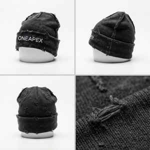 Gorro de punto negro desgastado para hombre, gorro de invierno con dobladillo, gorra unisex estilo streetwear, gorro tipo calavera, accesorio de moda al por mayor con logotipo personalizado - Product Image 4