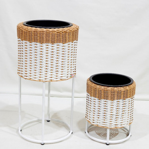 Modern Rattan Flower Stand Set with White Metal Frame Indoor Plant <b>Pot</b> Holder Circular Design Minimalist Style - Product Image 2