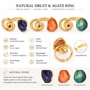 Bagues en Agate Druzy Naturelle de Haute Qualité pour Femmes, Plaqué Or 18 carats, Laiton, Style Vintage, Forme de Pierre Fantaisie, Style Unique - Product Image 2