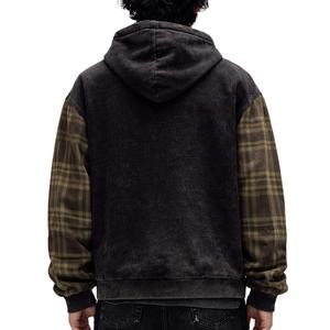 Sweats à capuche oversize pour hommes avec manches à carreaux, sweats en molleton vintage lavés, sweats à capuche personnalisés OEM, streetwear, sweats à capuche à fermeture éclair en gros, États-Unis - Product Image 2