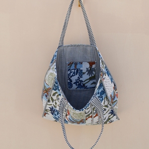Elegant Blue Floral <b>Patchwork</b> Quilted 100% Cotton Long Handle Lightweight Tote <b>Bag</b> for Travel & Shopping - Product Image 3