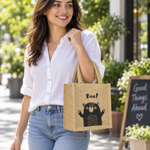 Sac fourre-tout en jute PP naturel avec imprimé ours BOO, 20x20x10 cm, poignée en ruban de coton tressé, logo personnalisé, vente en gros, OEM, marque privée, sacs cadeaux - Product Image 4