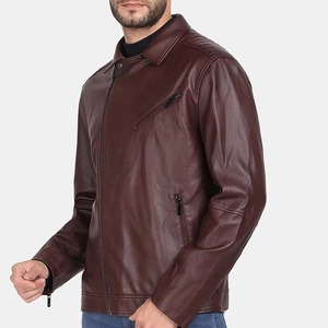 Blouson Bomber Homme en Cuir Véritable Noir, Coupe Slim, Hiver, Logo Brodé sur le Devant, Fermeture Éclair, Style Moto Biker, Bordure Marron - Product Image 1