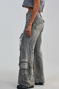 Pantalon cargo en jean déchiré taille haute pour femme, coupe ample, asymétrique, à lacets, style streetwear, longueur intégrale, gris, coton écologique - Product Image 5