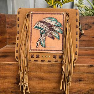2024 Hot Sale High Quality Hand Tooled Suede Leather Concealed Carry Fringe Crossbody Bag for Women Large Capacity Messenger Bag - Product Image 4