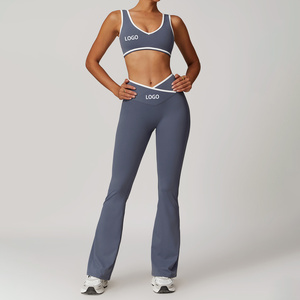 Ensembles de yoga pour adultes, 2 pièces, écologiques, pour filles, avec taille croisée, effet push-up, pour l'entraînement, la gym, le fitness et le yoga, motif uni, vente en gros - Product Image 1