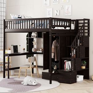 Letto a soppalco espresso a grandezza naturale con libreria, cassetti, scrivania e armadio per bambini - Product Image 1