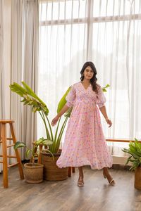 Robe midi à imprimé floral, col bijou, manches 3/4, coupe évasée, tissée, décontractée, pour femme, respirante, coupe ample, avec poches - Product Image 3