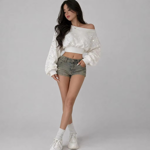 Sweat-shirt court à épaules dénudées avec strass, manches longues bouffantes, style streetwear, logo scintillant, en coton, pour femme - Product Image 5