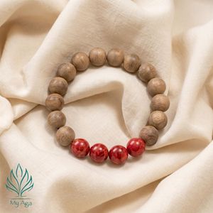 Bracelet en Bois d'Agar Naturel du Vietnam de Qualité Supérieure, Rond, AL-SD-0027-10, avec 15 Perles de Bois d'Agar et 4 Perles de Corail Fossile Rouge, pour Usage Quotidien - Product Image 3