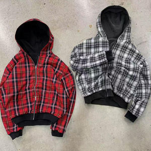 Sweat-shirt en flanelle à carreaux surdimensionné en coton 100% de haute qualité avec logo personnalisé, fermeture éclair double réversible, capuche réversible - Product Image 6