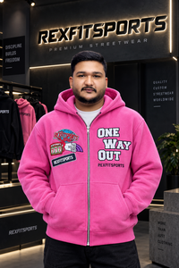 REXFITSPORTS 2026 Sudadera con capucha rosa personalizada con cremallera completa para hombre, de algodón grueso y forro polar, estilo urbano con gráficos, logotipo personalizado, venta al por mayor - Product Image 5