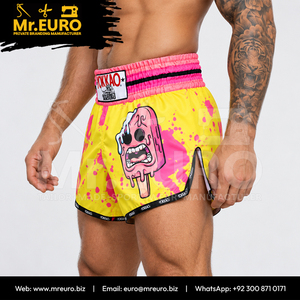 กางเกงมวยไทย MMA สีเหลืองด้านหน้า ระบายเหงื่อได้ดี ผลิตจากโพลีเอสเตอร์ 100% น้ำหนัก 160 กรัม รับสั่งทำพิเศษสำหรับคิกบ็อกซิ่ง - Product Image 4