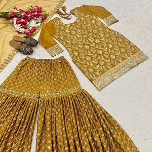 Costume Sharara jaune moutarde pour femmes, richement brodé |   Ensemble Sharara Punjabi avec travail Zari et sequins et dupatta |   Mariage - Product Image 1