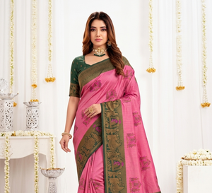 Pink and Green Silk <b>Saree</b> with Gold Zari Work Traditional Indian Wedding Wear <b>for</b> <b>Women</b> Sun Protection All Seasons - Product Image 6