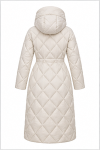 Abrigo largo acolchado de lujo para mujer, color marfil, con capucha, aislante, para invierno, proveedor de prendas de abrigo de lujo - Product Image 2