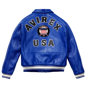 Veste de baseball en cuir PU bleu pour homme Avirex avec patch brodé, col rabattable, vestes d'aviation personnalisées - Product Image 2
