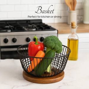 Cesta de Almacenamiento de Alambre de Hierro Negro con Base de Madera |   Frutero Moderno para Cocina y Organizador Decorativo de Mesa - Product Image 3