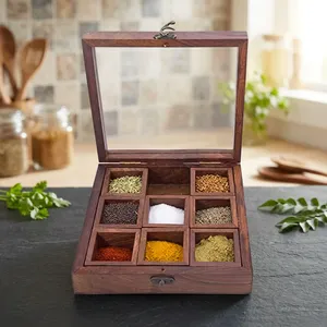 Boîte à épices en bois artisanale avec couvercle et cuillère, organisateur d'épices de cuisine à 9 compartiments, conteneur de rangement pour épices en bois - Product Image 4