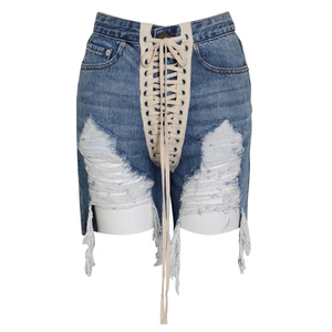 Saleh Enterprises Women Vintage <b>Stretch</b> <b>Denim</b> Shorts High Waist Distressed Ripped Belt Button Casual Summer Beach Wear Bulk Sale - Product Image 3