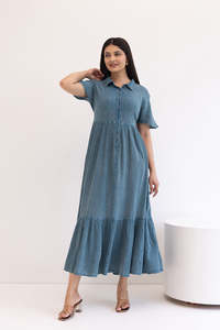 Light Blue Linen Cotton Shirt <b>Dress</b> Maxi Length Short Sleeve Button Front <b>Ruffle</b> Hem Loose Fit Casual Summer Wear Solid Color - Product Image 3